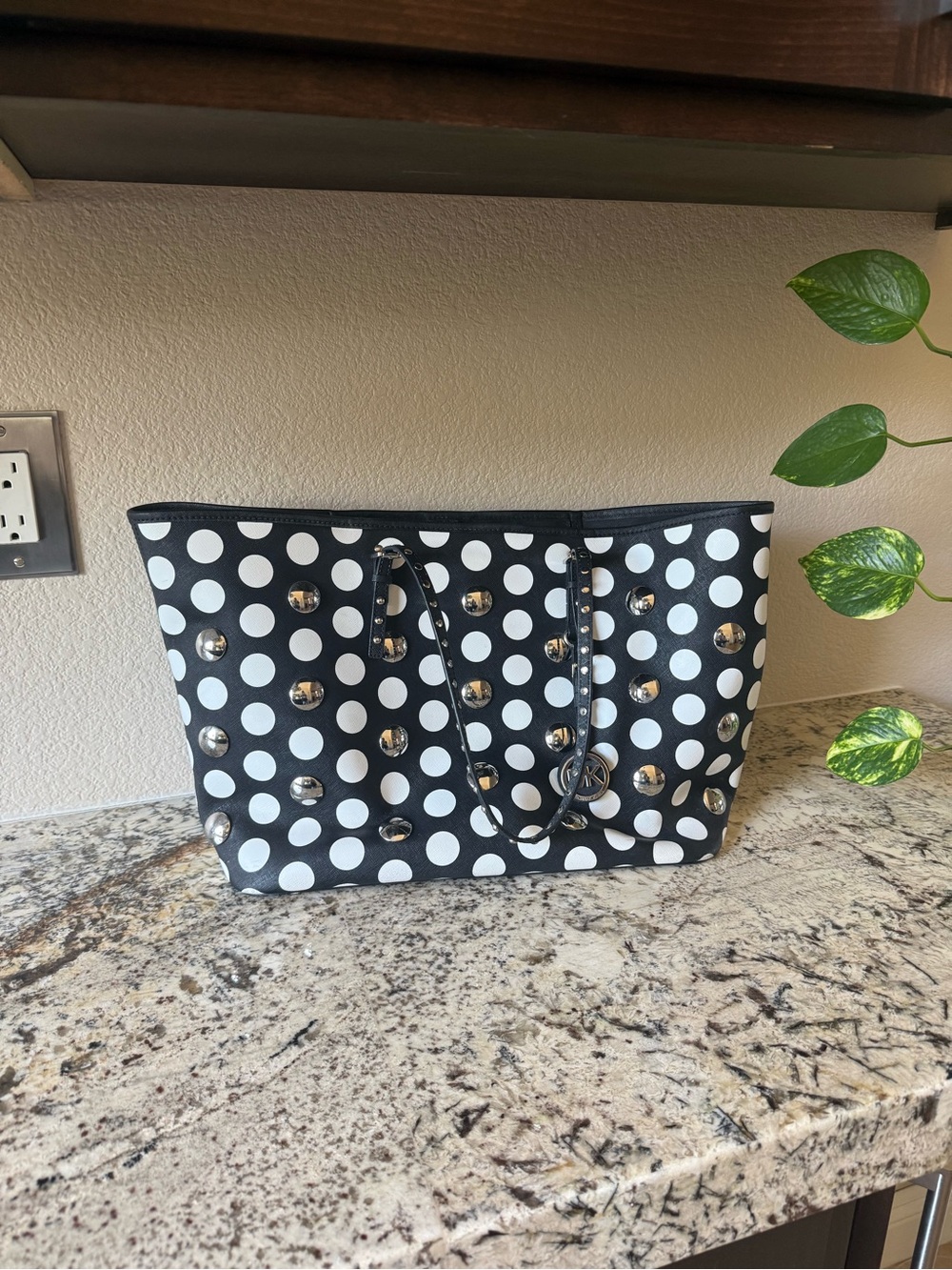 Michael Kors Jet Set Silver Studded Black and White Polka Dot Tote Bag